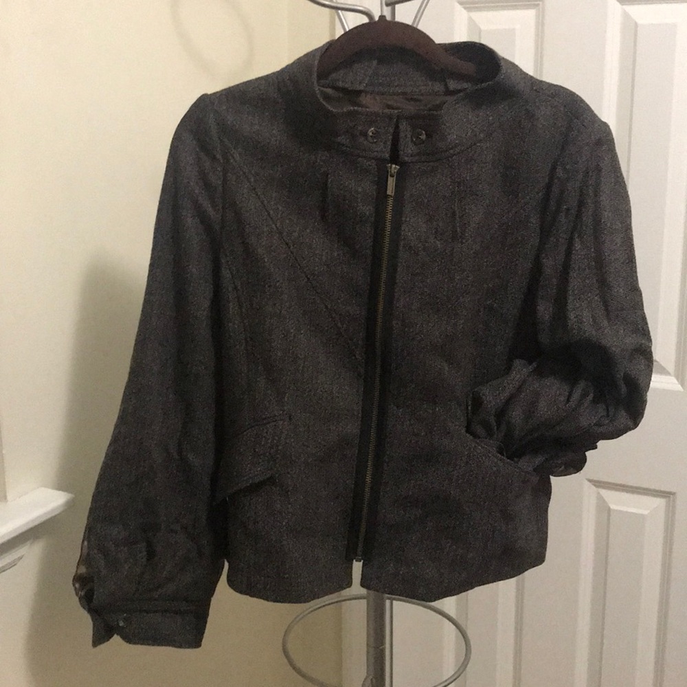 Gray wool jacket, chocolate brown satin lining